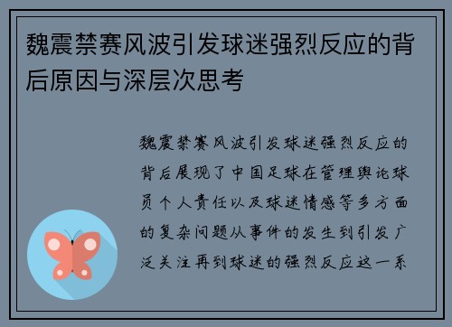 魏震禁赛风波引发球迷强烈反应的背后原因与深层次思考 魏震禁赛风波引发球迷强烈反应的背后原因与深层次思考